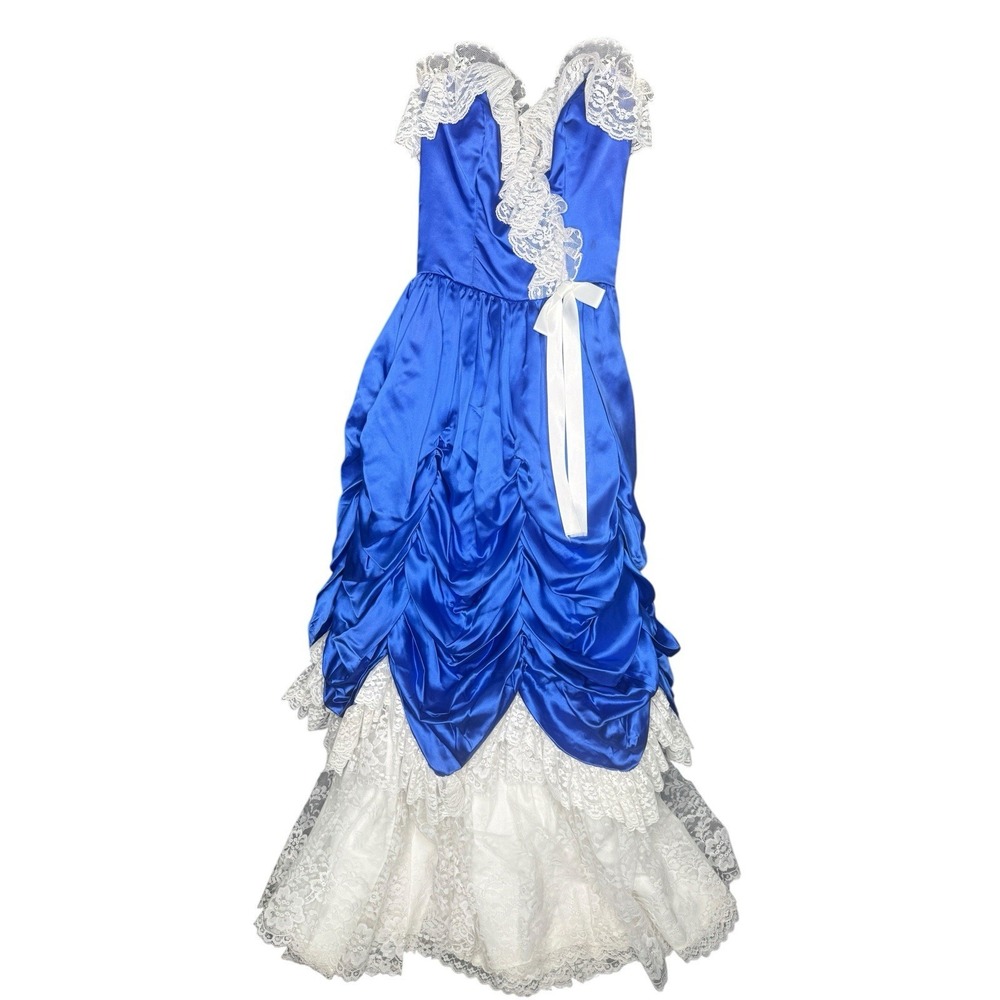 Lorelai Vintage Blue Lame Prom Dress Size 4 Blue Steam Punk Lace 80s